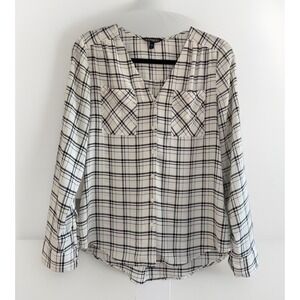 Express Small Women's Rayon Black and White  Plaid Blouse Button up w/ roll tabs